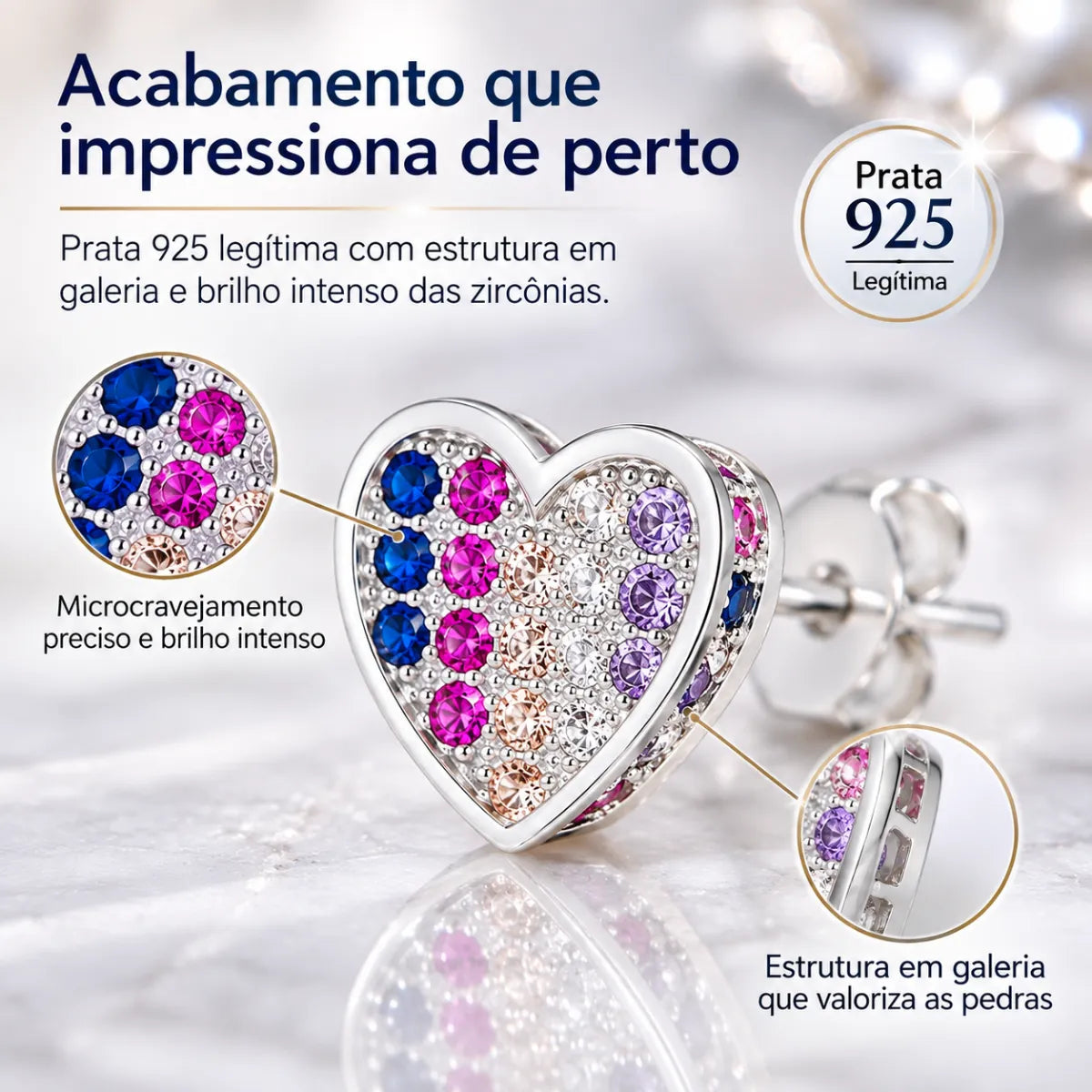 Brinco Coração Galeria Cravejado Colorido Prata 925 Legítima