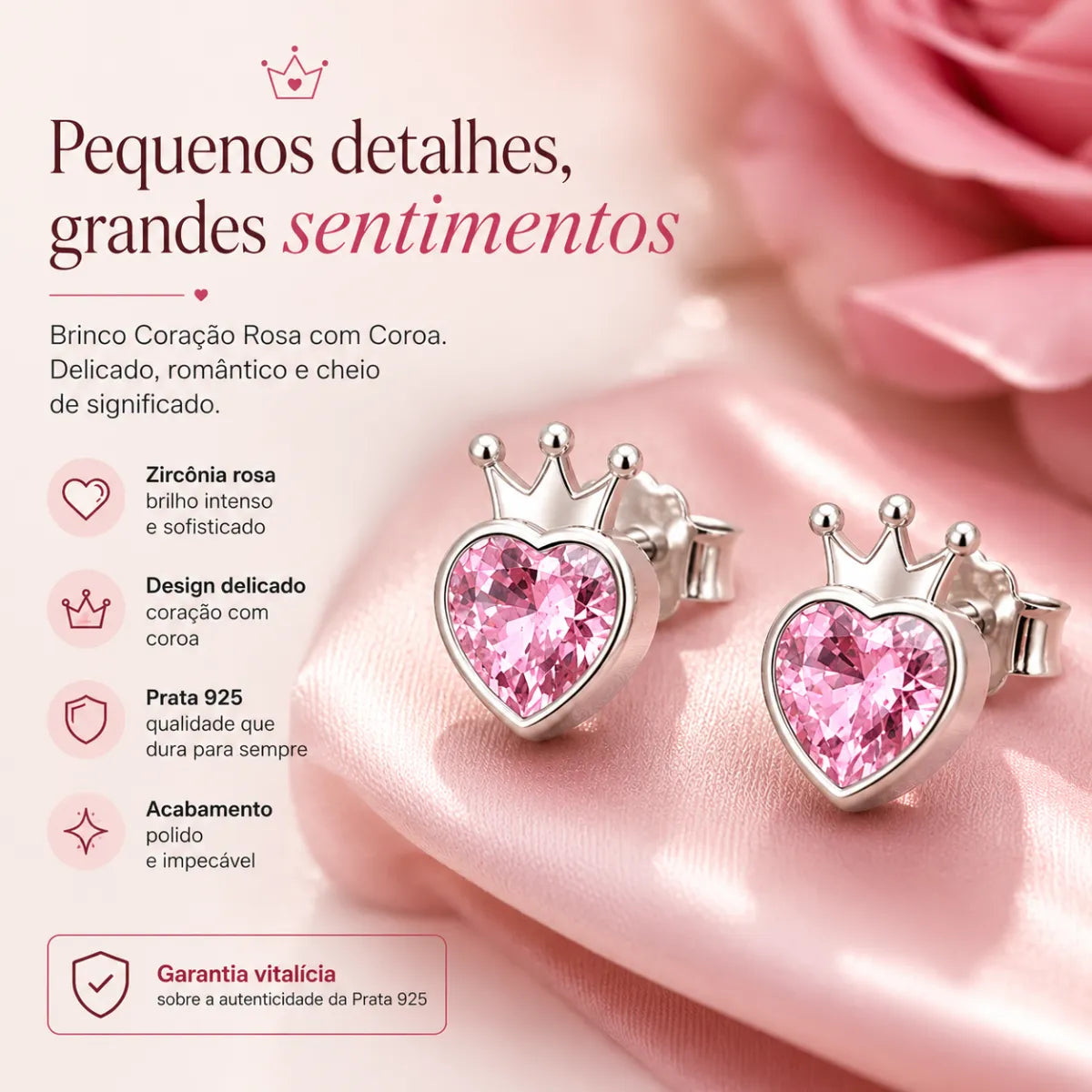Brinco Coração Rosa Coroa Zircônia Prata 925 Legítima