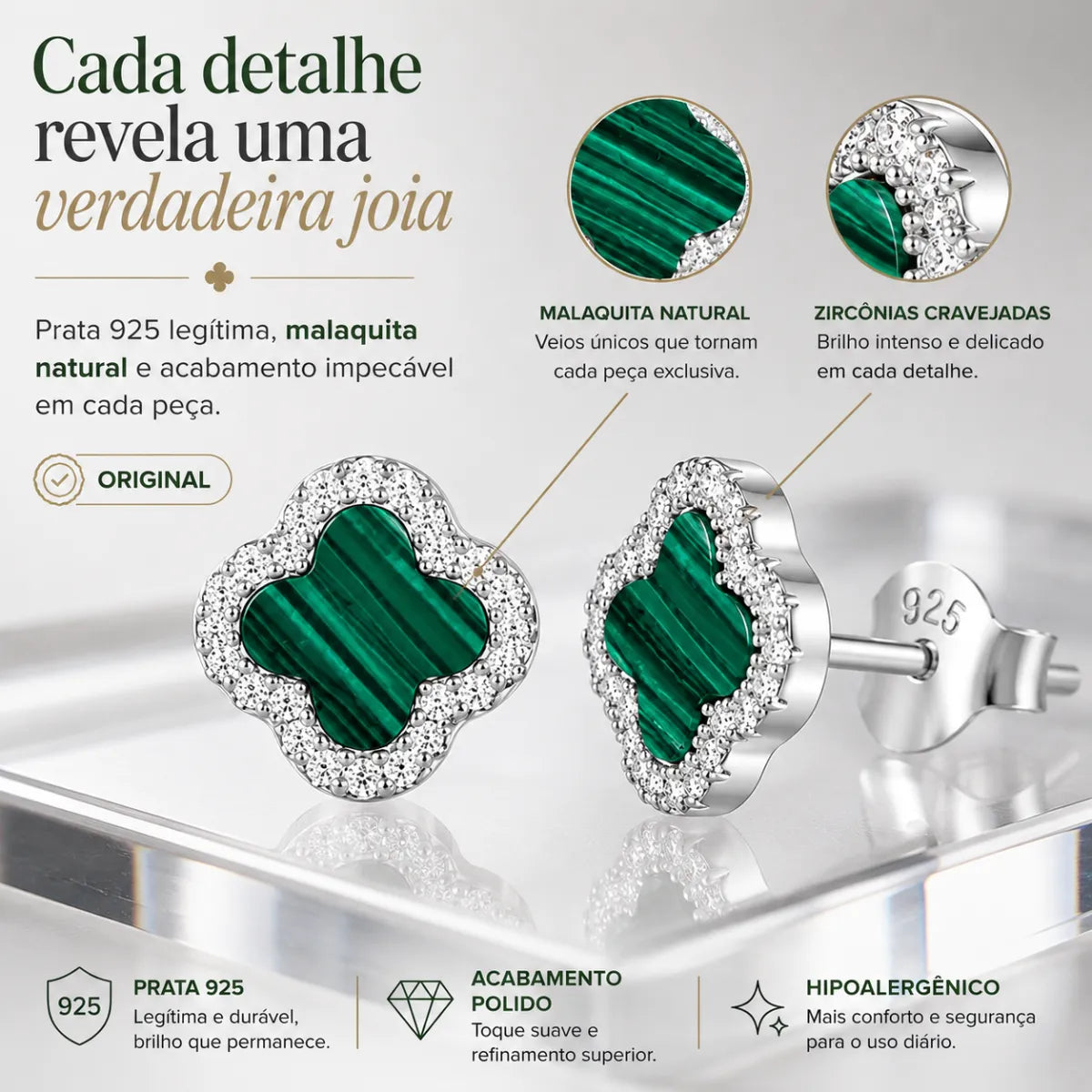 Brinco Trevo Pedra Amalequita Verde Cravejada Zircônia Prata 925 Legítima