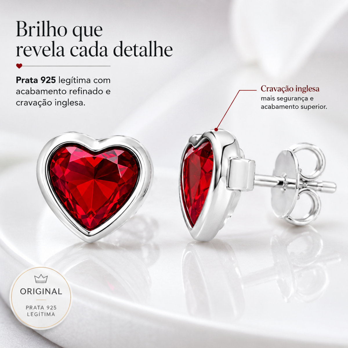 Brinco Coração Vermelho Cravação Inglesa Prata 925 Legítima