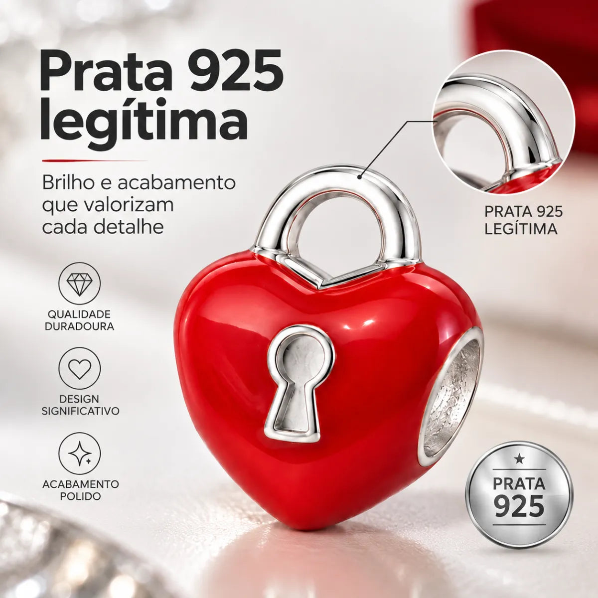 Berloque Seprador Cadeado Coração Vermelho em Prata 925 Legítima