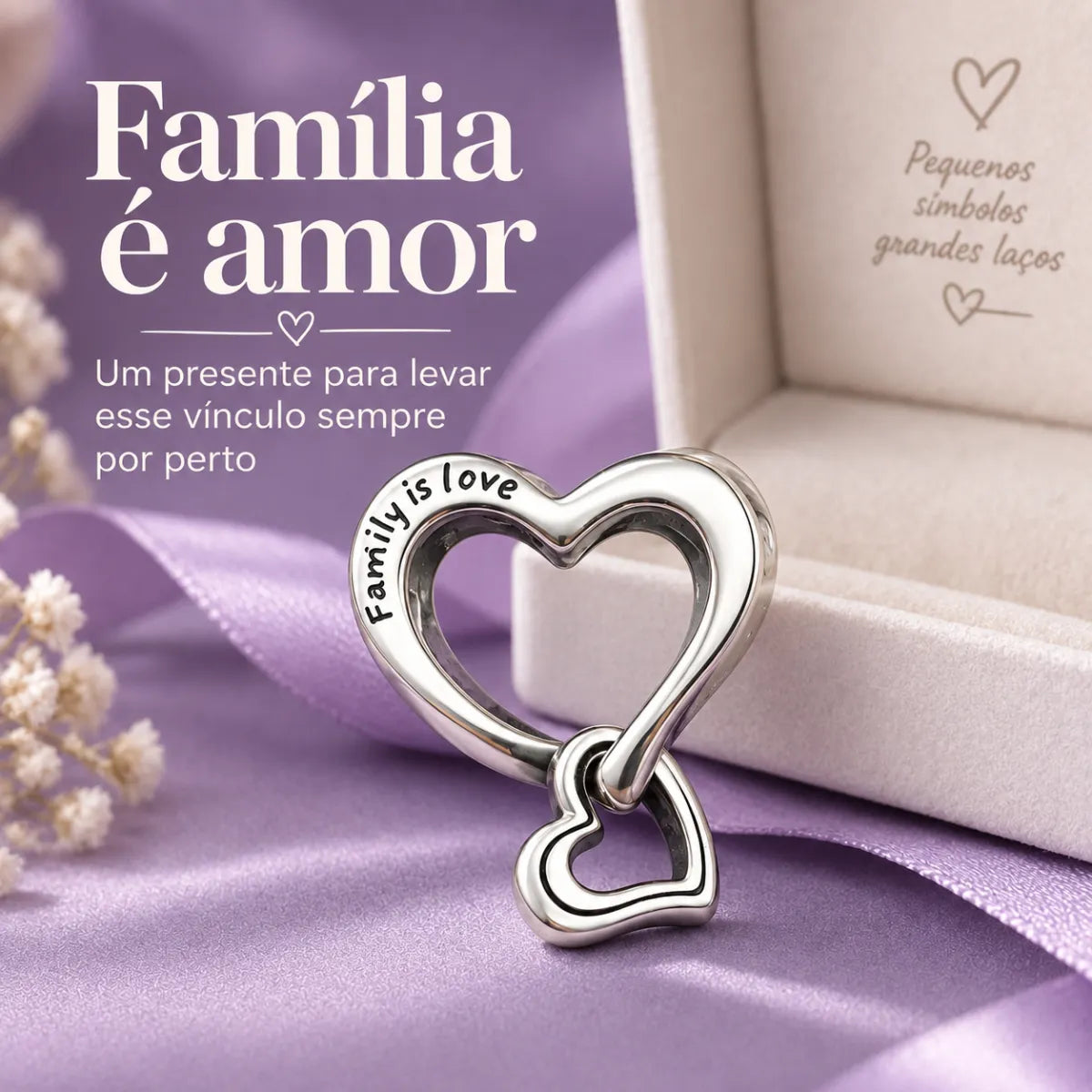 Berloque Separador 2 Coração Família Love Prata 925 Legítima