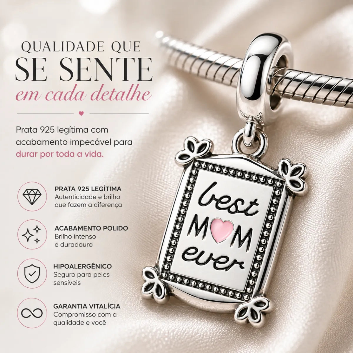 Berloque Pingente Best Mom Ever Prata 925 Legítima