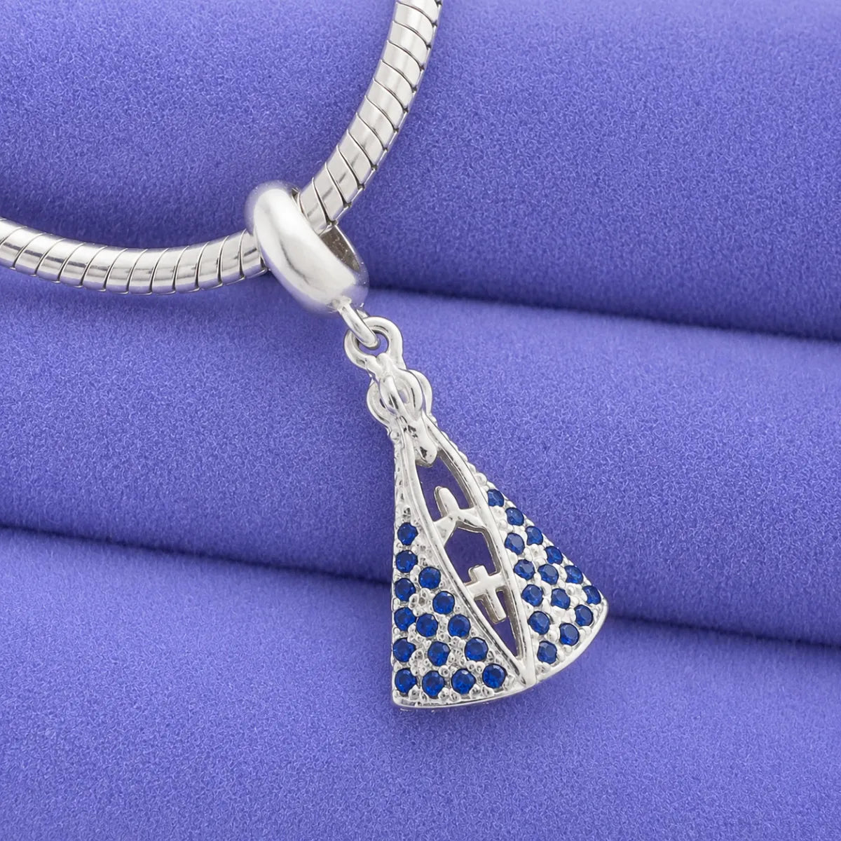 Berloque Pingente N.S Aparecida Zircônia Azul Prata 925 Legítima
