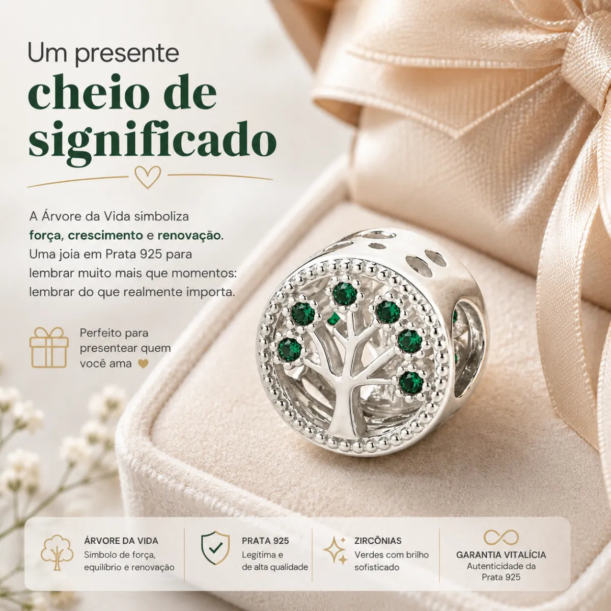 Berloque Separador Árvore da Vida Zircônia Verde Prata 925 Legítima