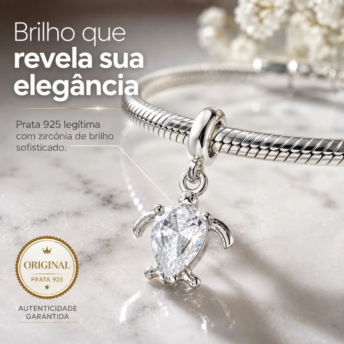Berloque Pingente Tartaruga com Zircônia Prata 925 Legítima