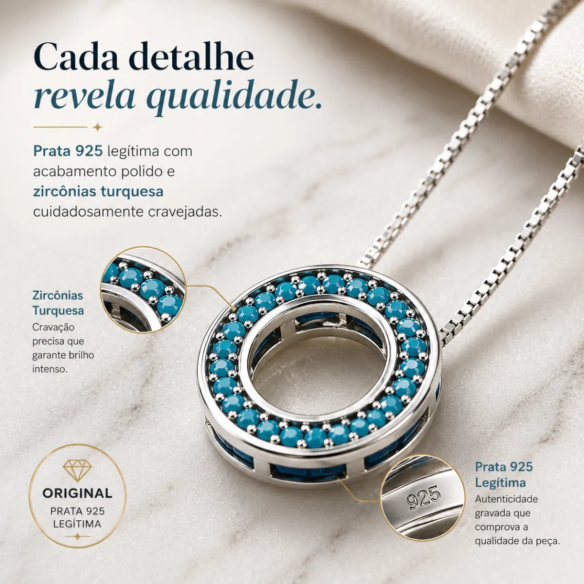 Colar Redondo Vazado Borda Zircônia Turquesa Prata 925 Legítima