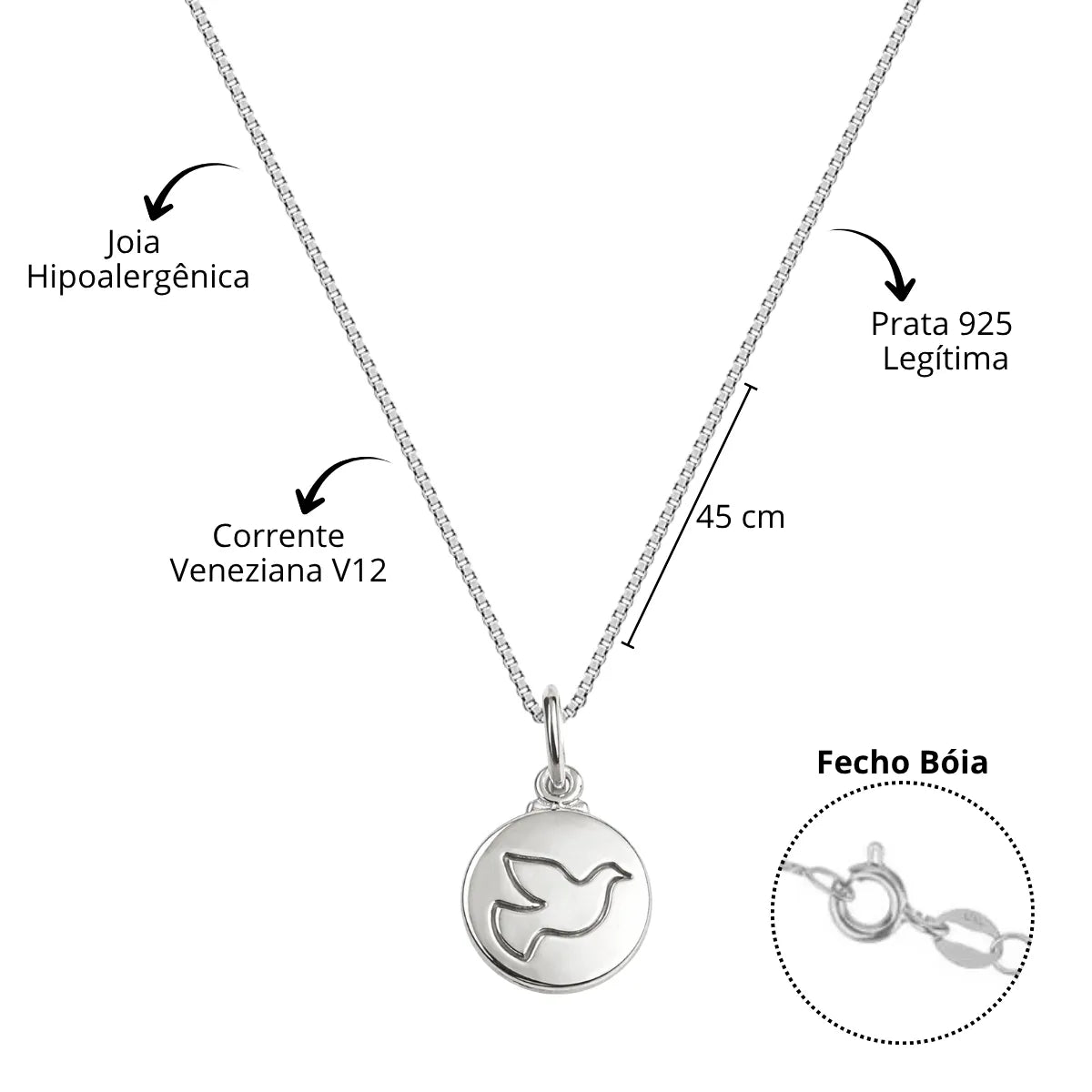 Colar Medalha Espírito Santo Prata 925 Legítima