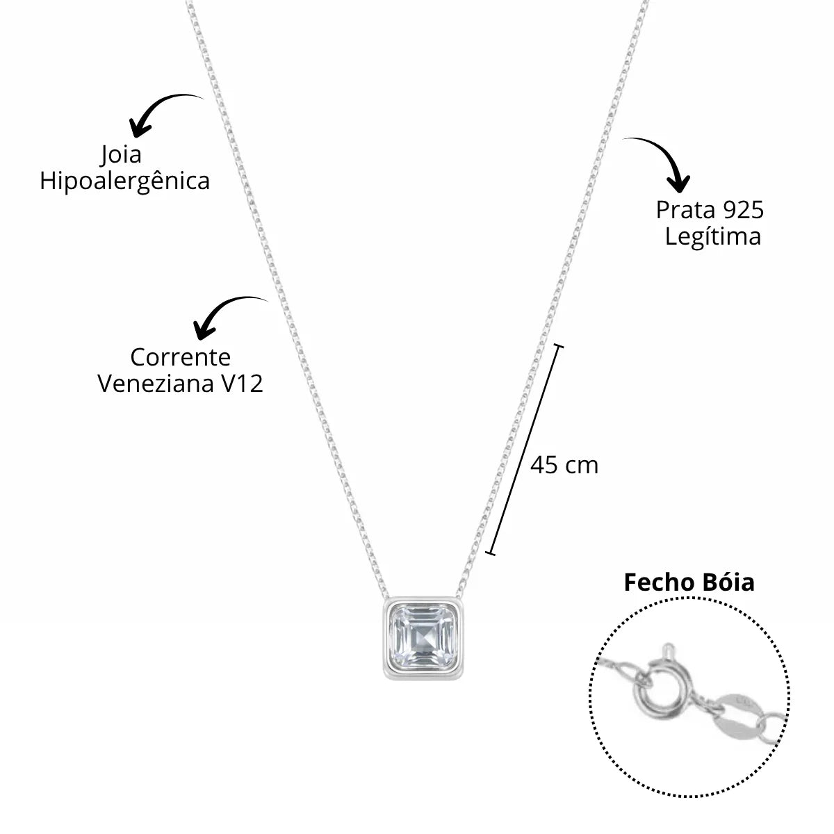 Colar Ponto de Luz Quadrado Galeria Zircônia Incolor Prata 925 Legítima