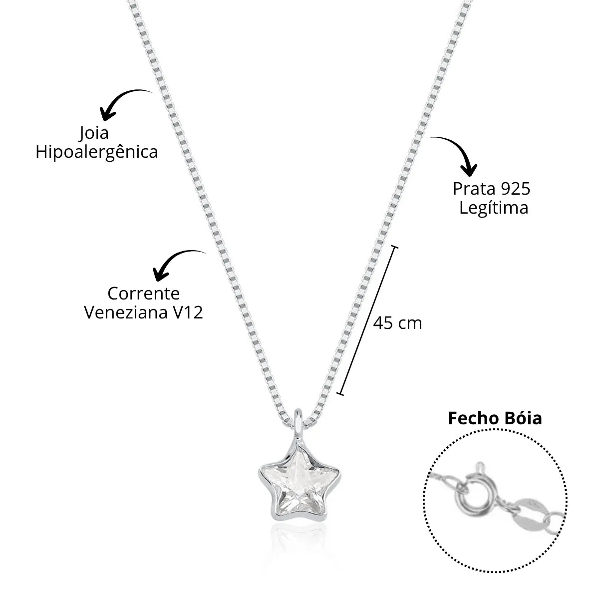 Colar Ponto de Luz Estrela Zircônia Incolor Prata 925 Legítima
