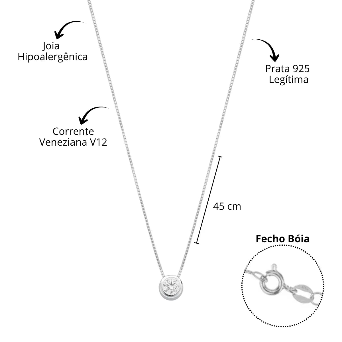 Colar Ponto de Luz Redondo Galeria Zircônia 6mm Prata 925 Legítima