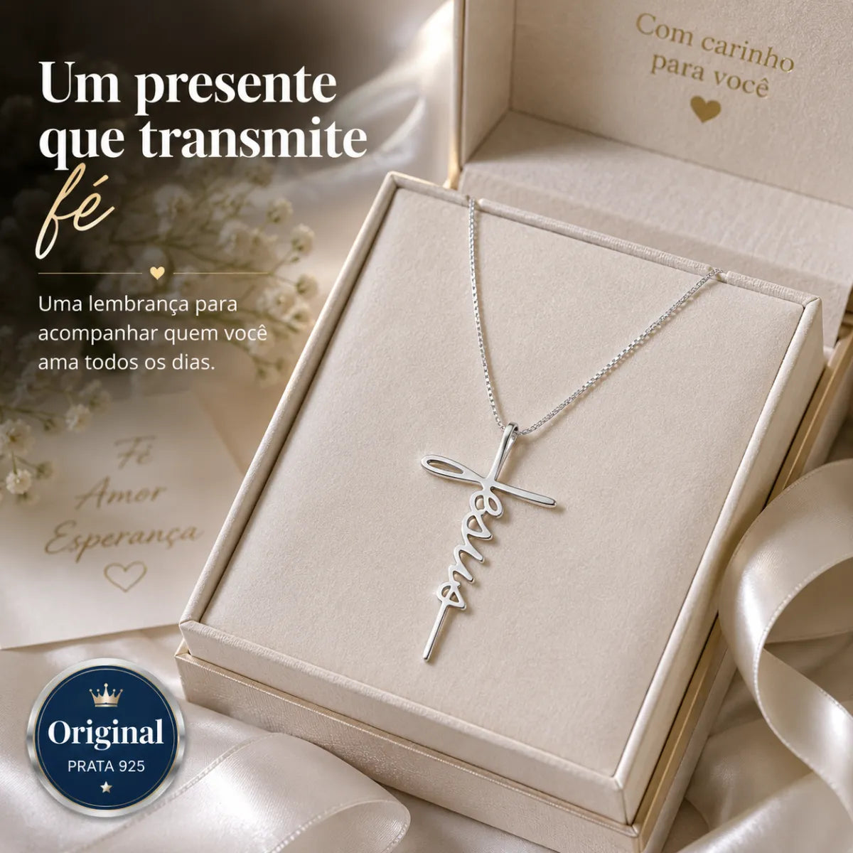 Colar Escrita Jesus Cruz Prata 925 Legítima