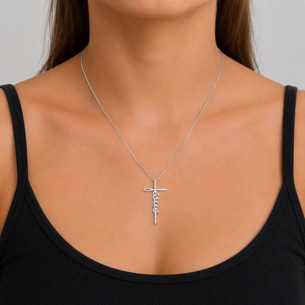 Colar Escrita Jesus Cruz Prata 925 Legítima