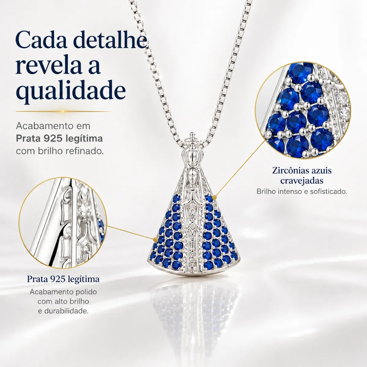Colar N. S. Aparecida Cravejado Zircônia Azul Prata 925 Legítima