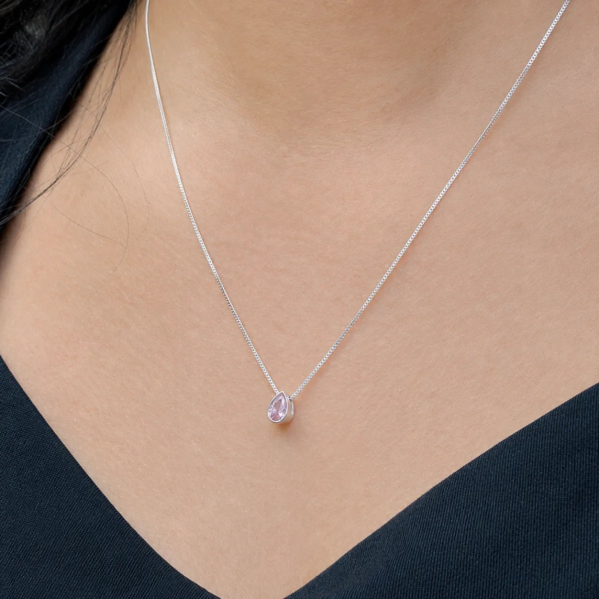 Colar Ponto de Luz Gota Rosa Claro Galeria Prata 925 Legítima