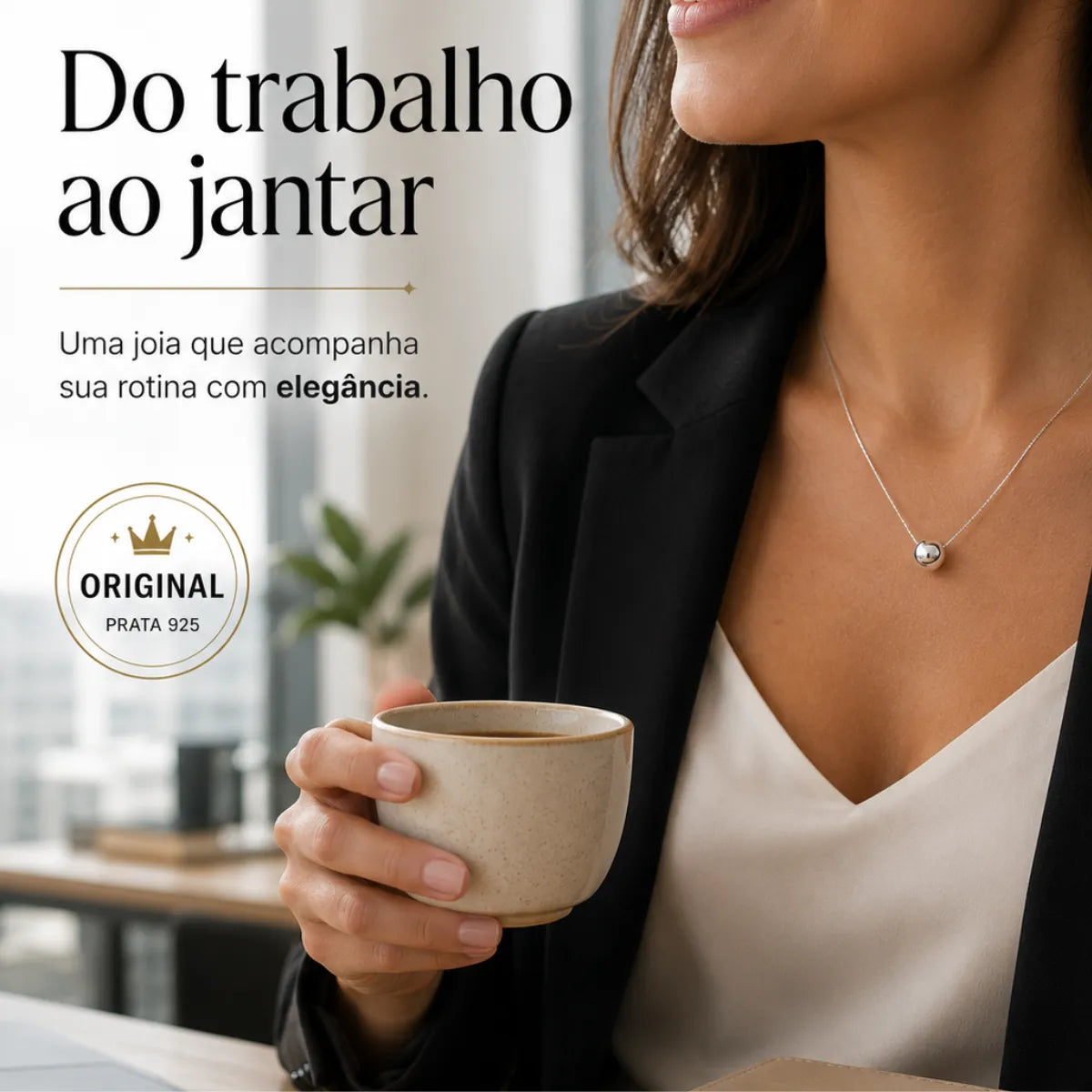 Colar Pingente Bola 8mm Corrente Veneziana 45cm Prata 925 Legítima