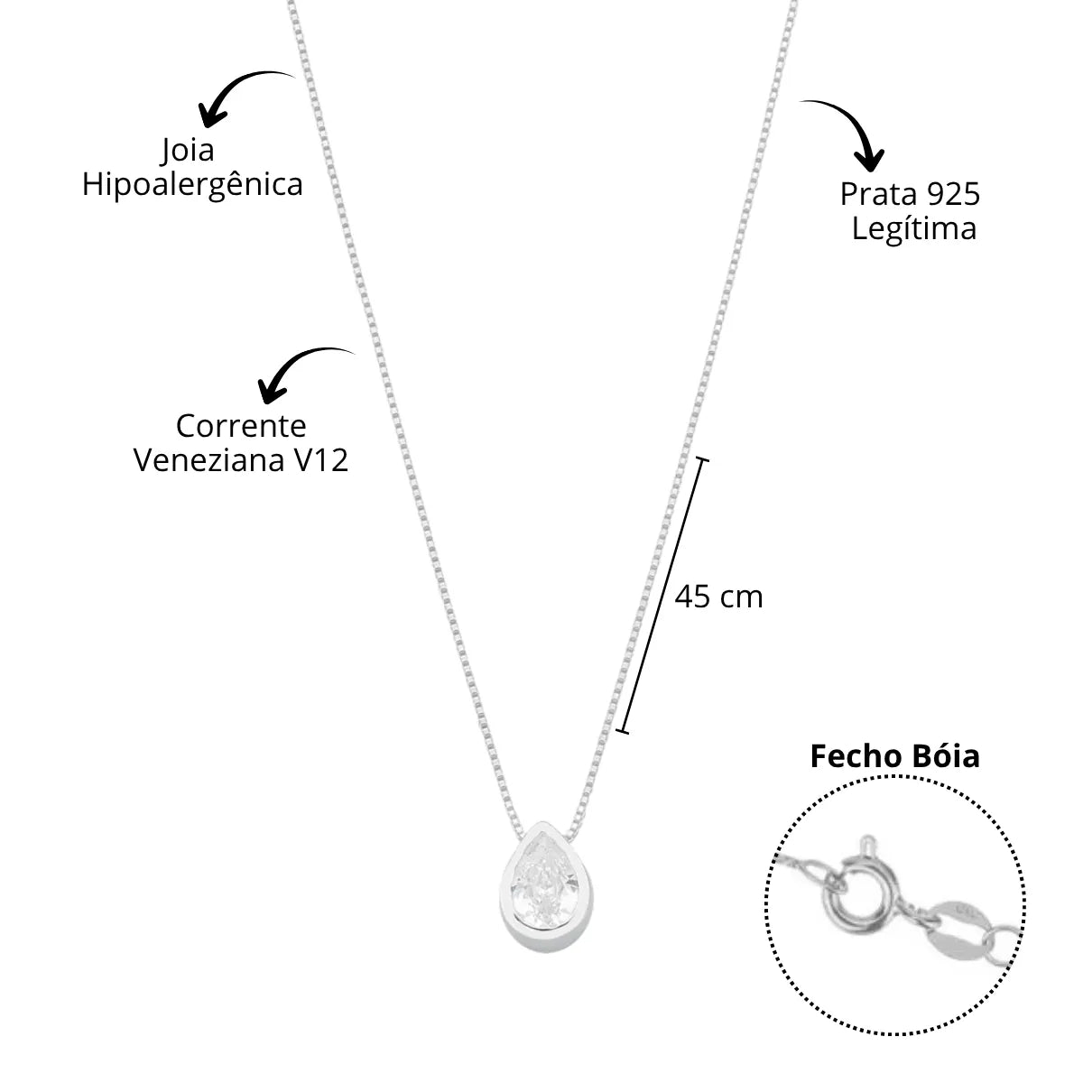 Colar Ponto de Luz Gota Galeria Zircônia Prata 925 Legítima