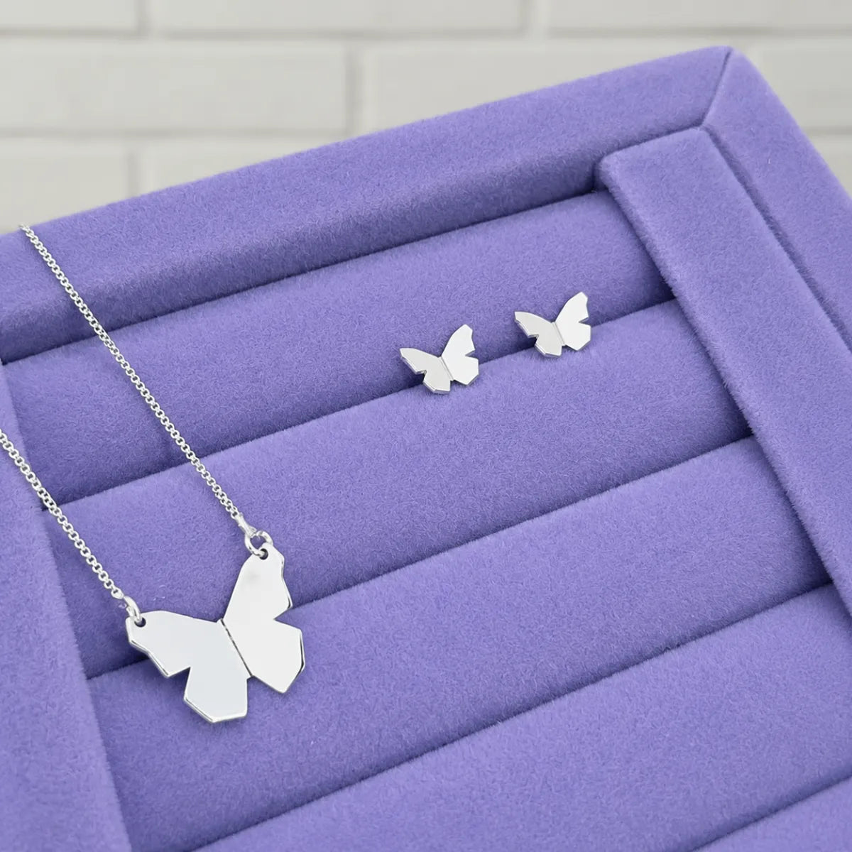 Conjunto Borboleta Origami Prata 925 Legítima