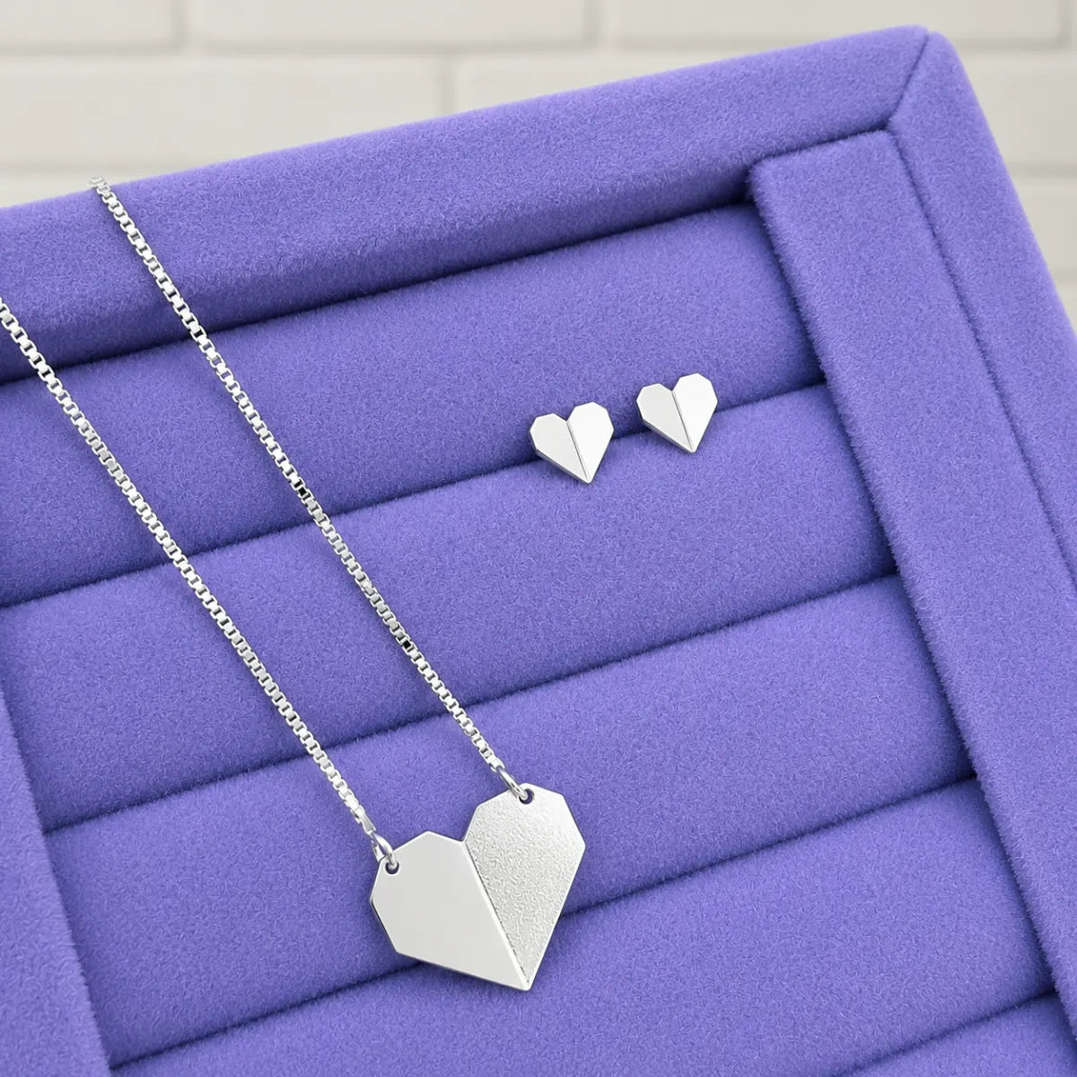 Conjunto Coração Origami Prata 925 Legítima