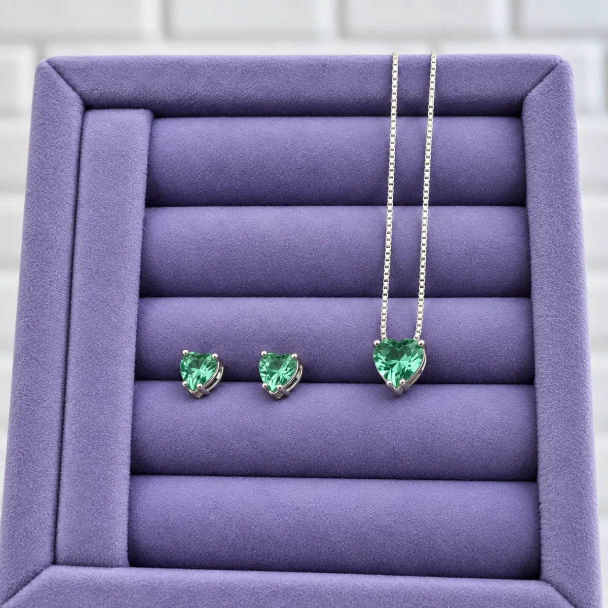 Conjunto Coração Galeria Zircônia Verde Claro Prata 925 Legítima