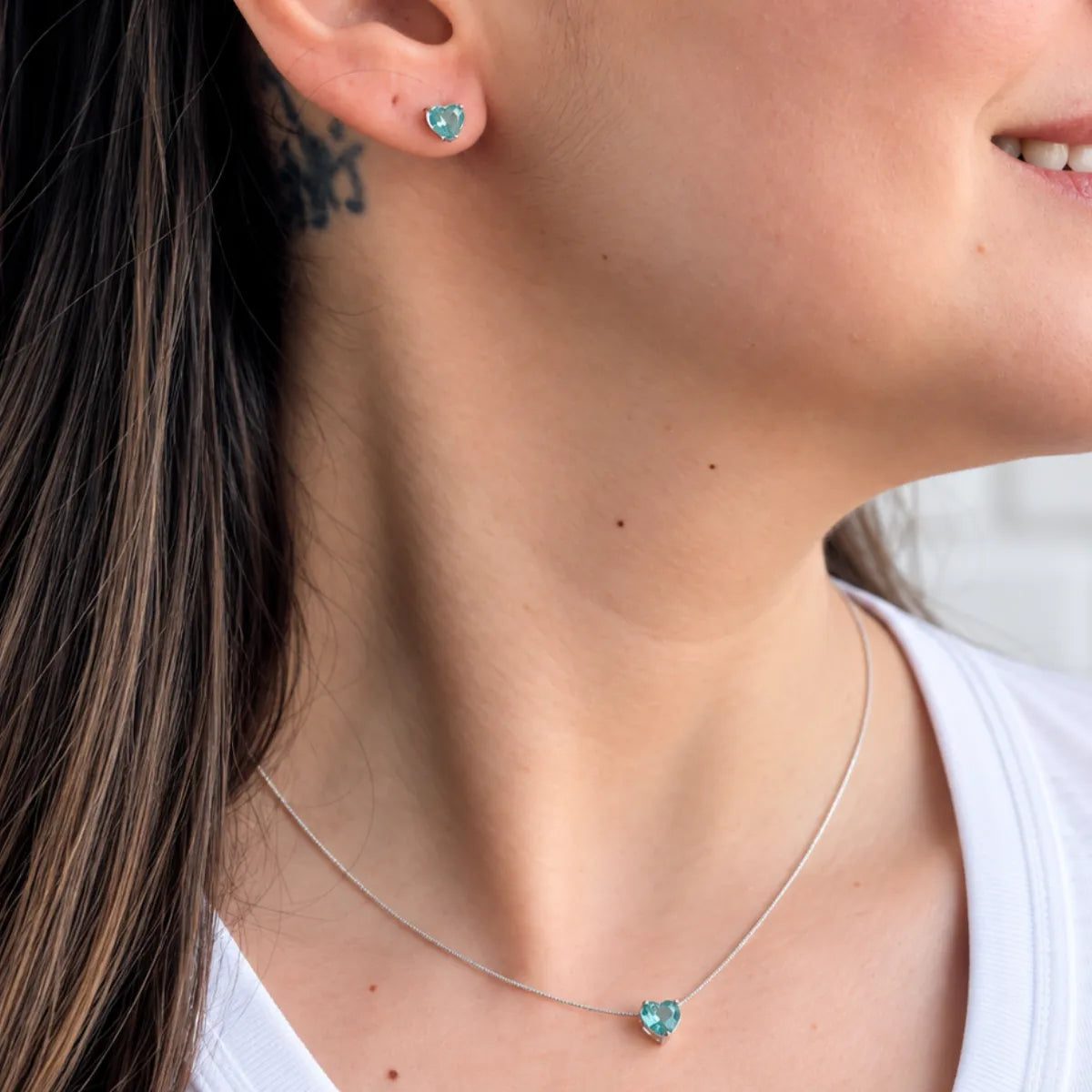 Conjunto Coração Galeria Zircônia Verde Claro Prata 925 Legítima