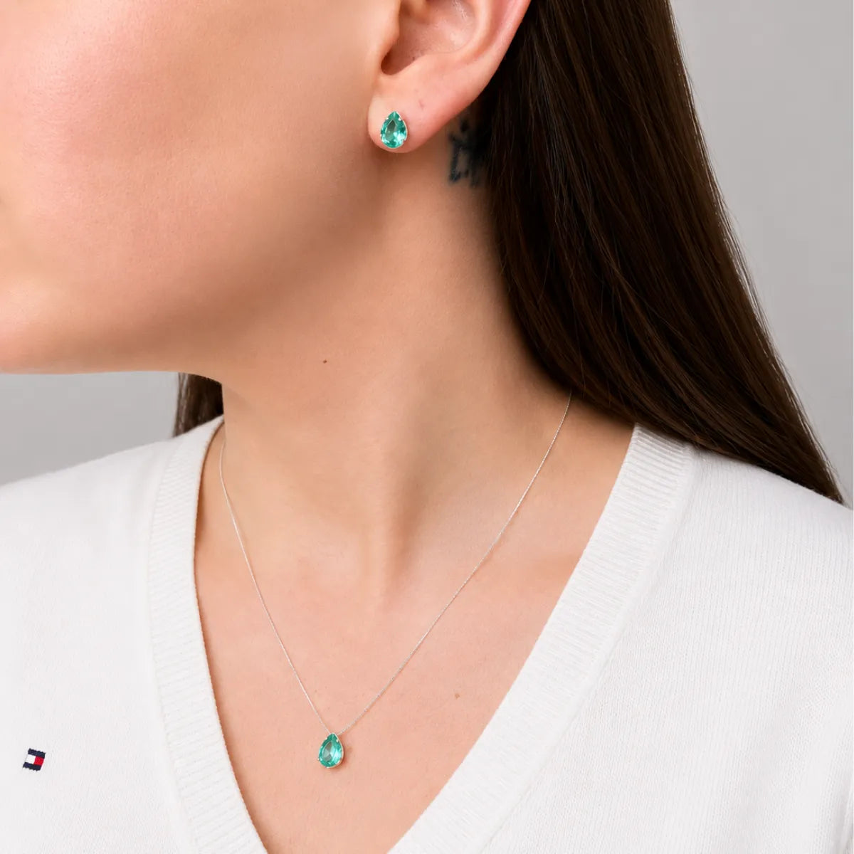 Conjunto Brinco e Colar Gota Galeria Verde Turmalina 925 Legítima