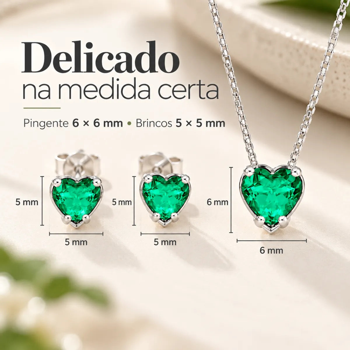 Conjunto Coração Galeria Zircônia Verde Claro Prata 925 Legítima