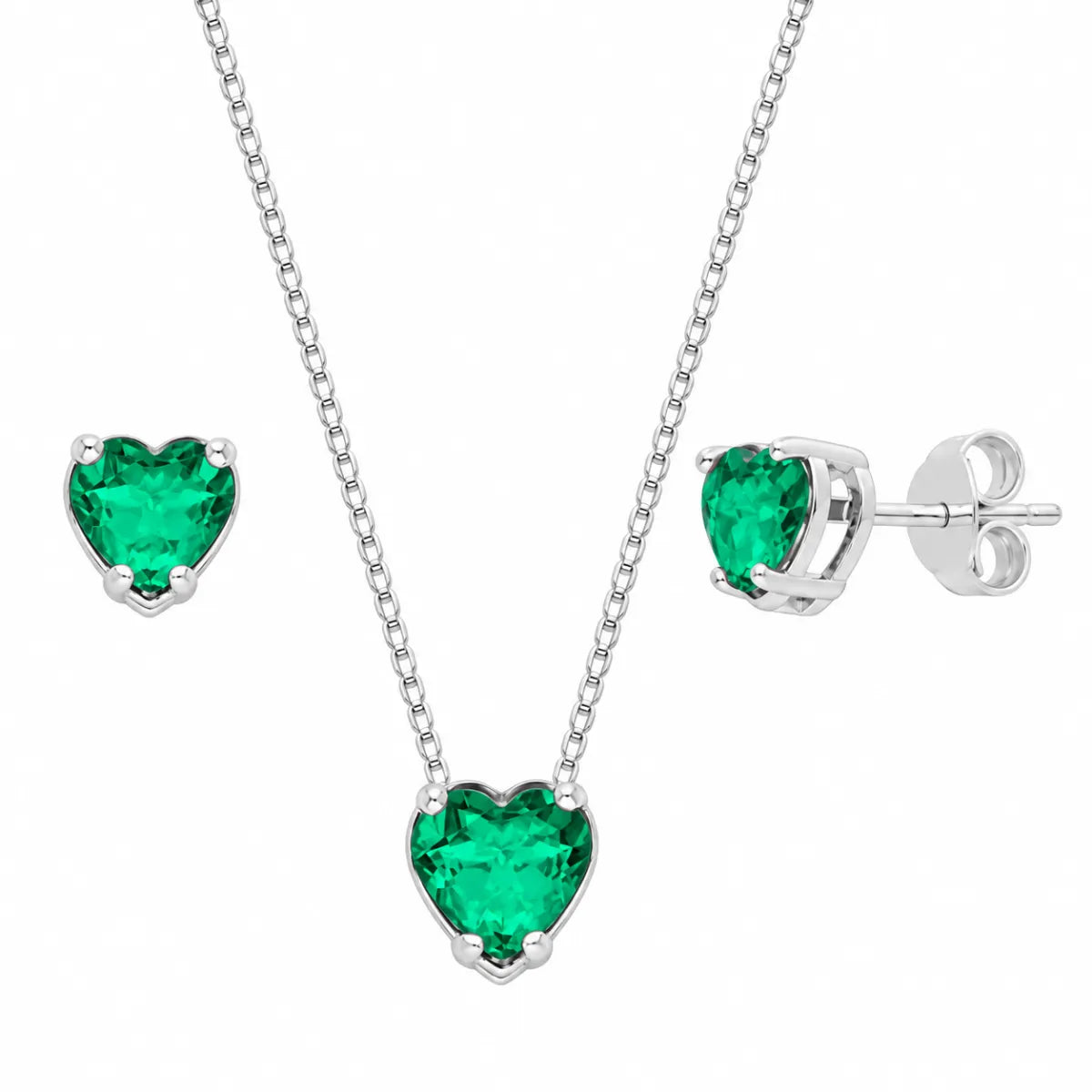 Conjunto Coração Galeria Zircônia Verde Claro Prata 925 Legítima