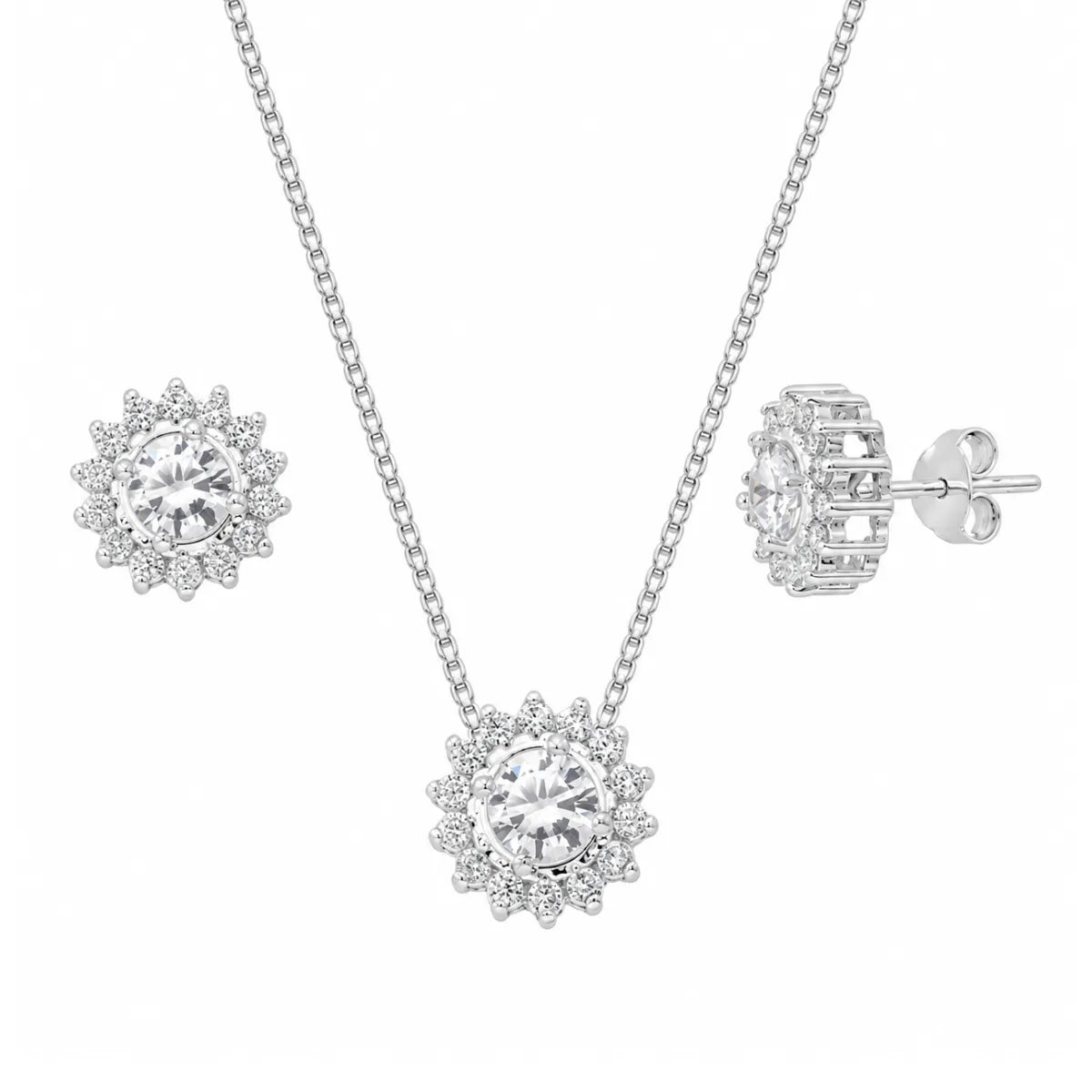 Conjunto Redondo Galeria Zircônia Branca Bordas Cristal Prata 925 Legítima