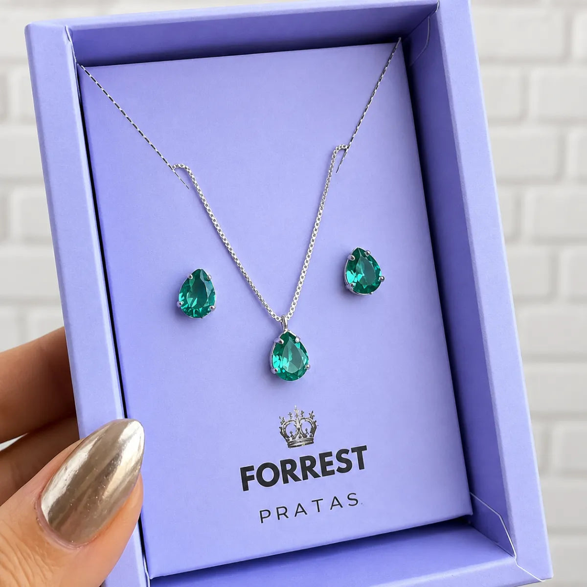 Conjunto Brinco e Colar Gota Galeria Verde Turmalina 925 Legítima