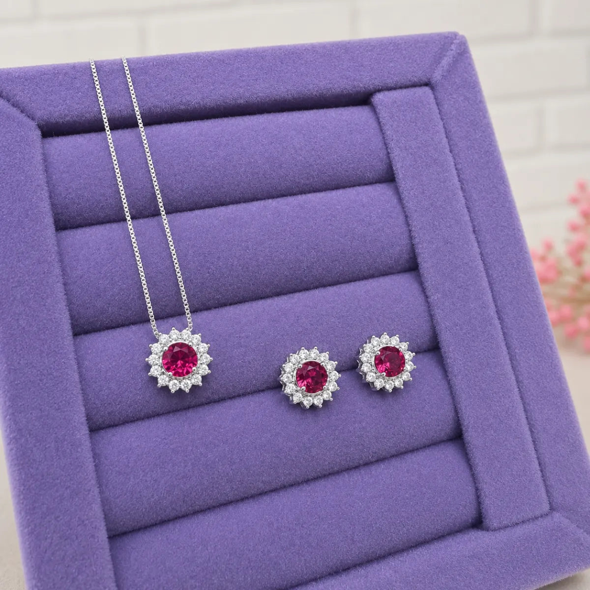 Conjunto Redondo Galeria Zircônia Rosa e Bordas Prata 925 Legítima