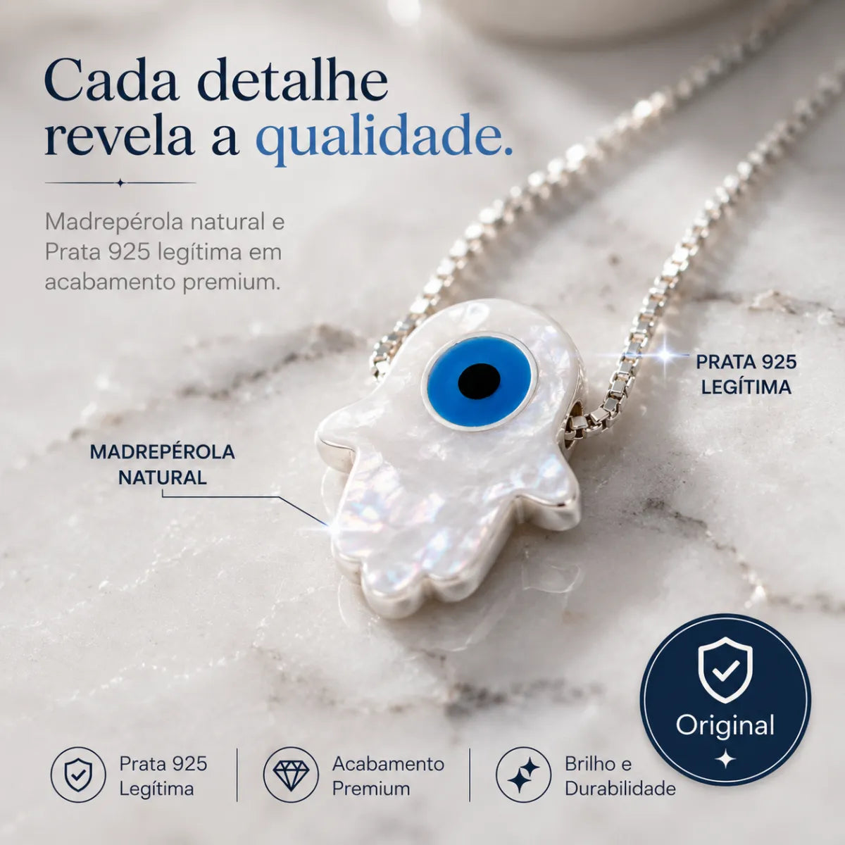 Colar Mão de Hamsa Olho Grego Madrepérola Prata 925 Legítima