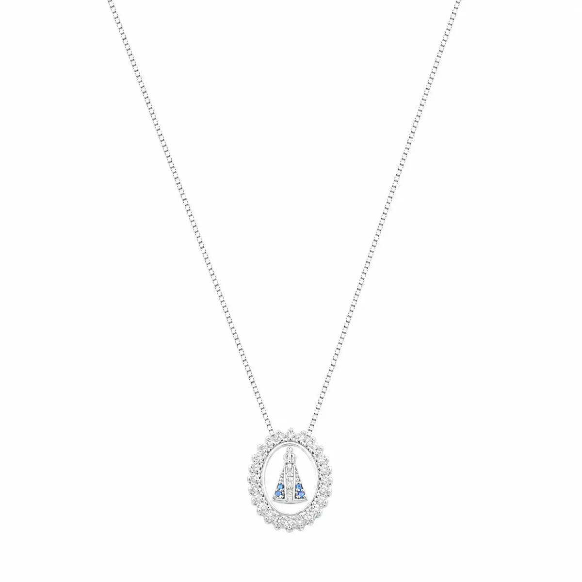 Colar N. S. Aparecida Oval Bordas Zircônia Prata 925 Legítima
