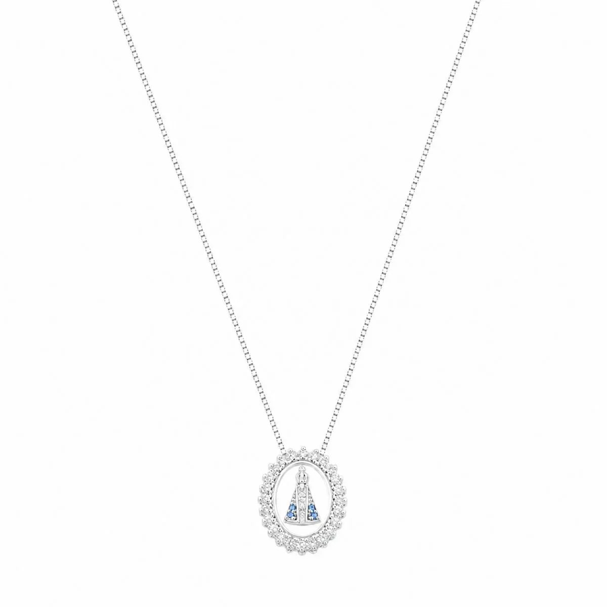 Colar N. S. Aparecida Oval Bordas Zircônia Prata 925 Legítima
