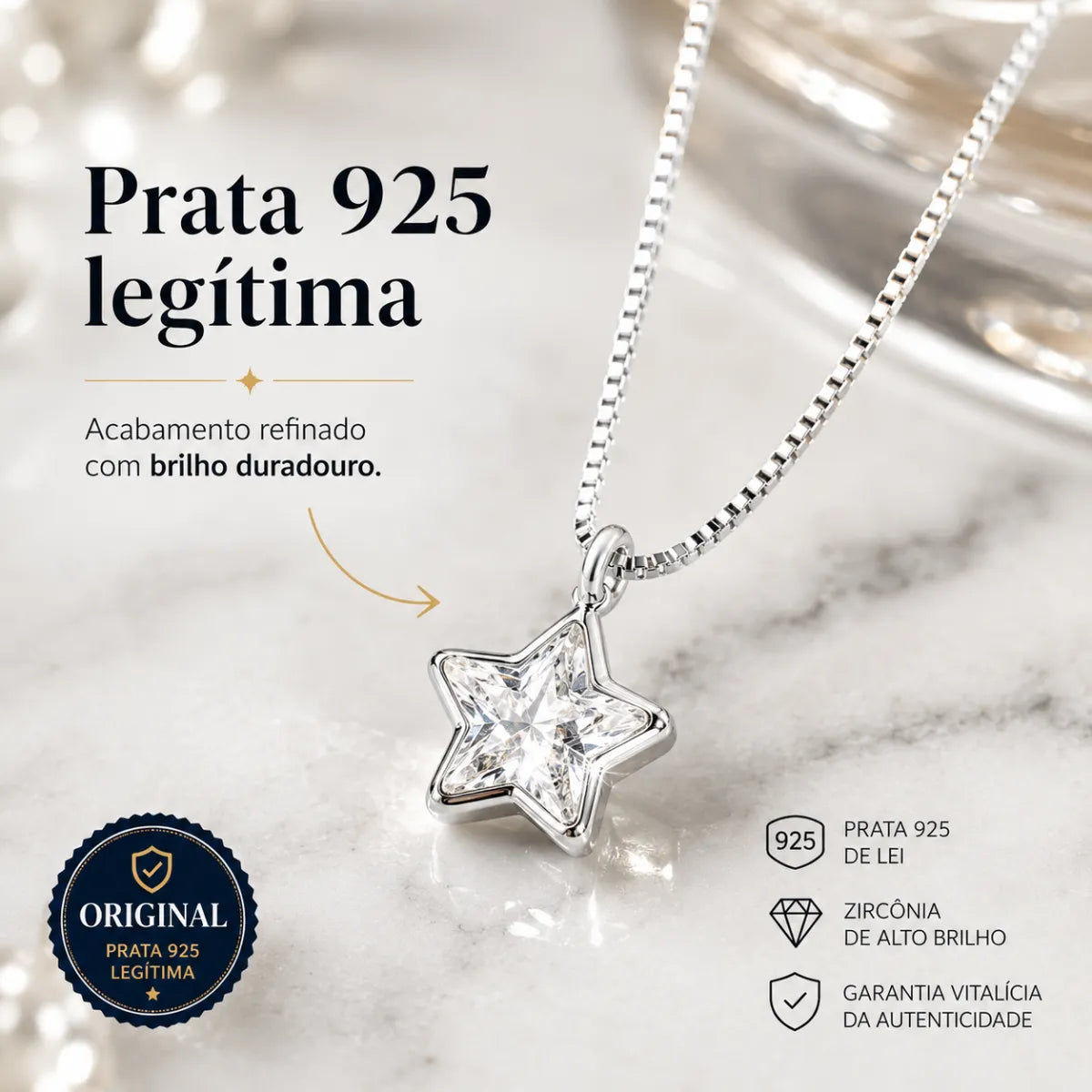 Colar Ponto de Luz Estrela Zircônia Incolor Prata 925 Legítima