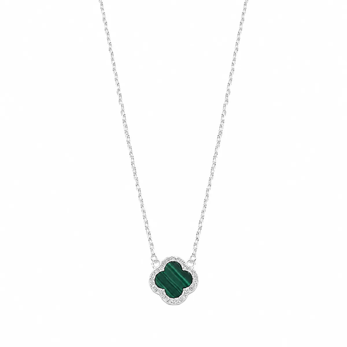 Colar Trevo Malequita Verde Bordas de Zircônia Prata 925 Legítima