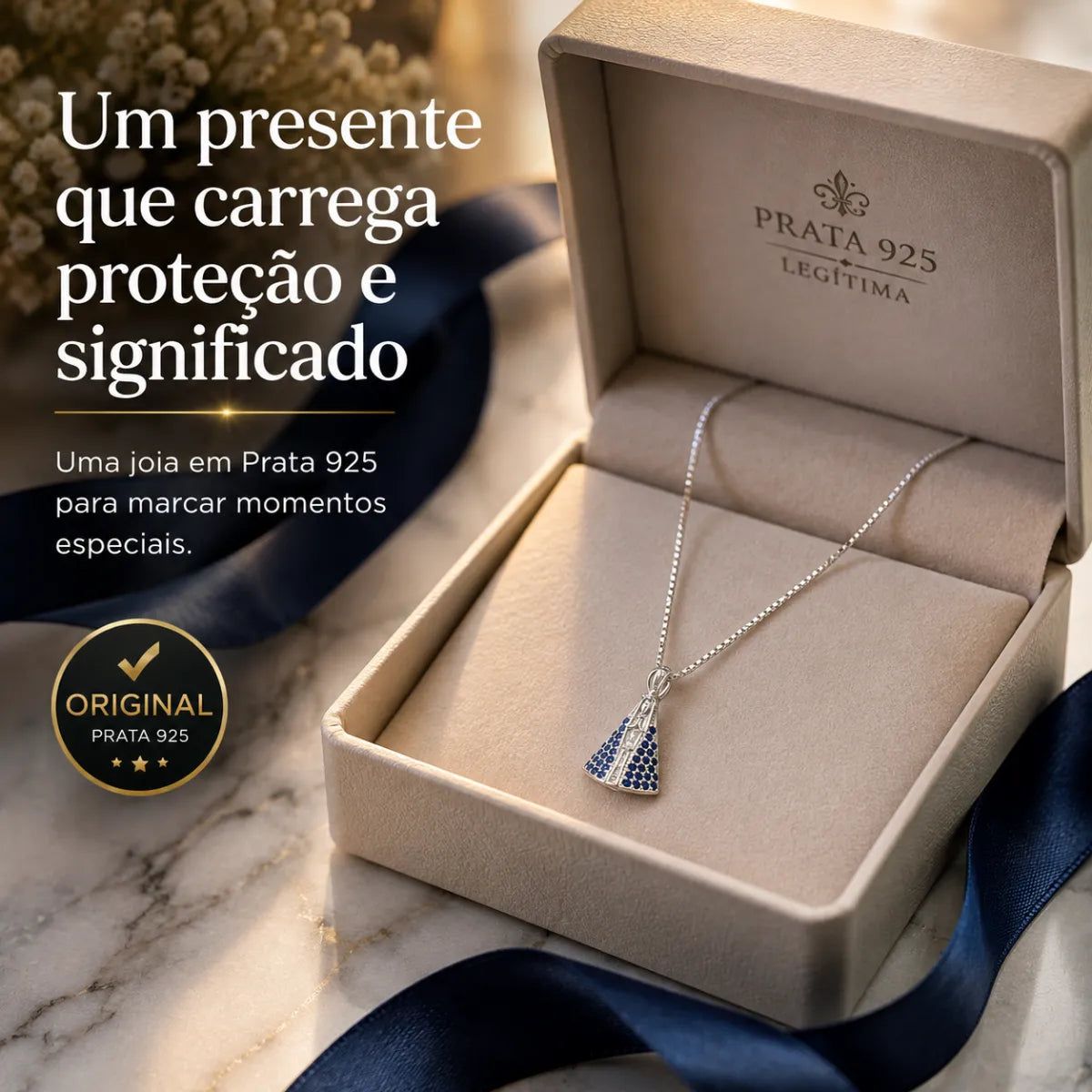 Colar N. S. Aparecida Cravejado Zircônia Azul Prata 925 Legítima