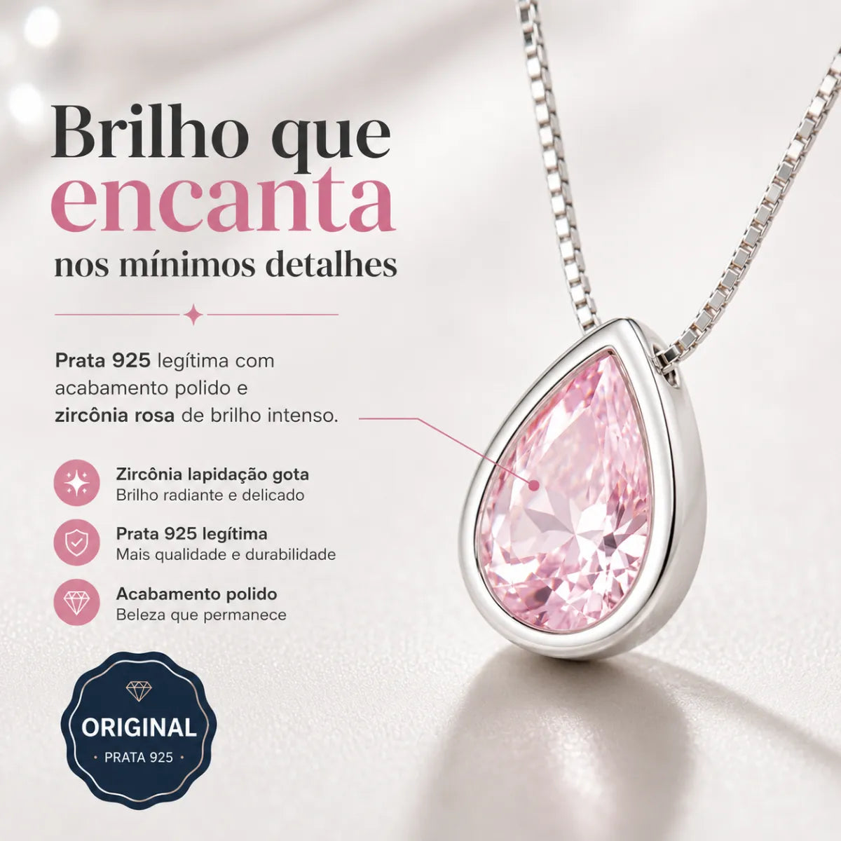 Colar Ponto de Luz Gota Rosa Claro Galeria Prata 925 Legítima