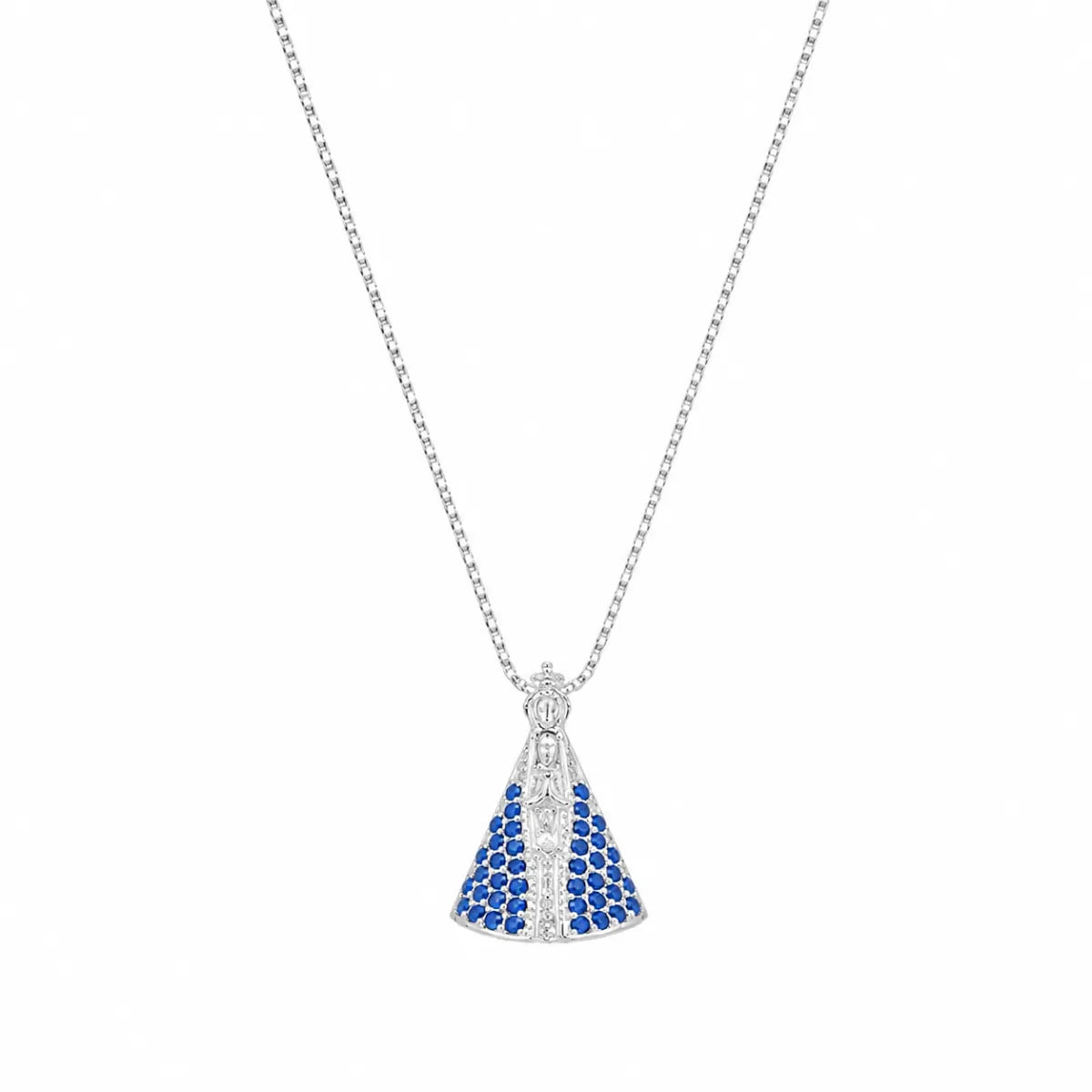 Colar N. S. Aparecida Cravejado Zircônia Azul Prata 925 Legítima