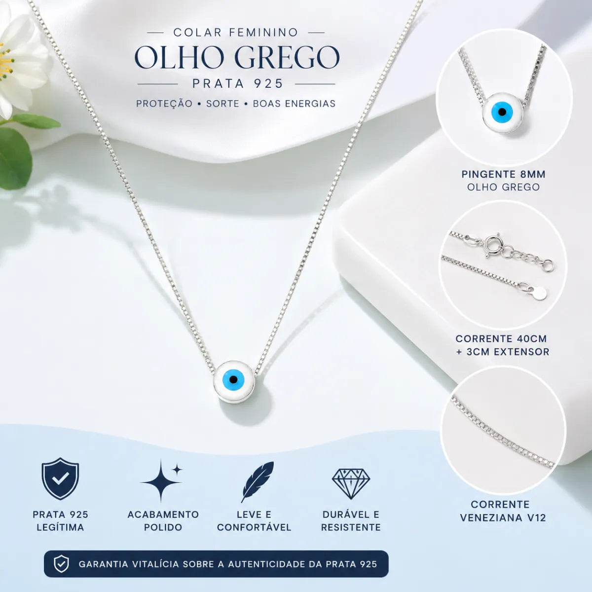 Colar Feminino Olho Grego 8mm Prata 925 Legítima