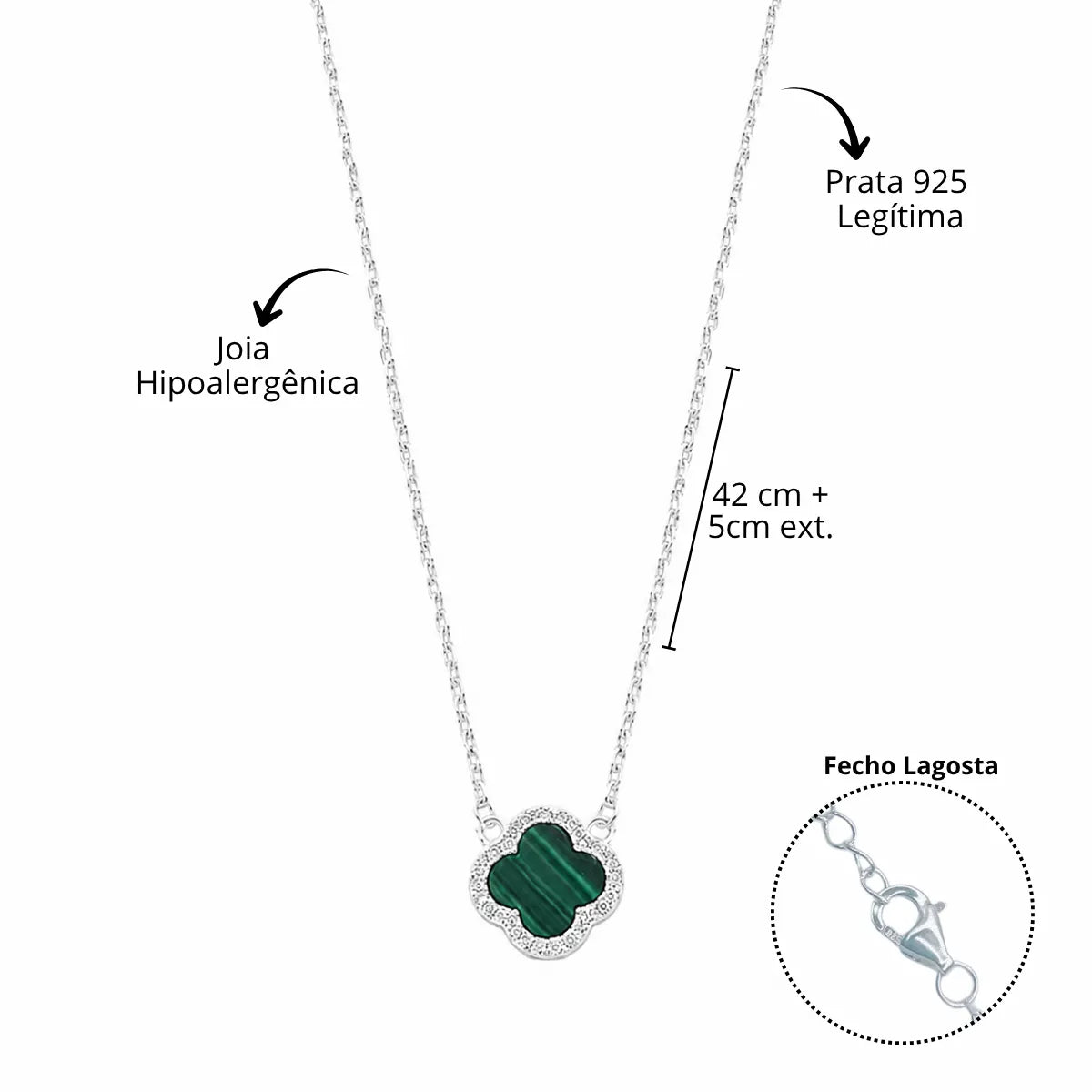 Colar Trevo Malequita Verde Bordas de Zircônia Prata 925 Legítima