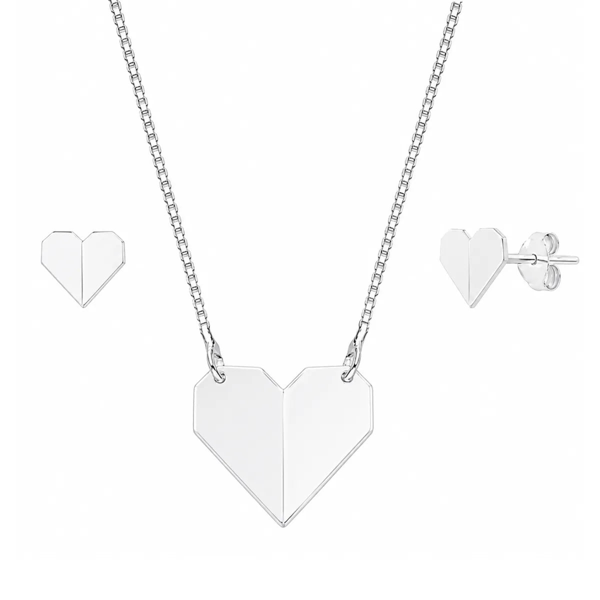 Conjunto Coração Origami Prata 925 Legítima