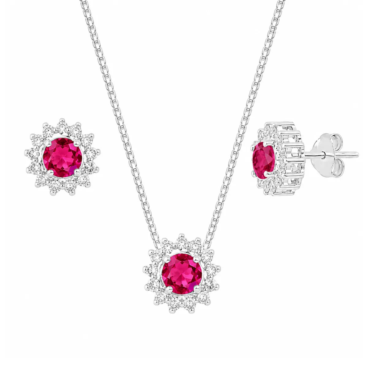 Conjunto Redondo Galeria Zircônia Rosa e Bordas Prata 925 Legítima