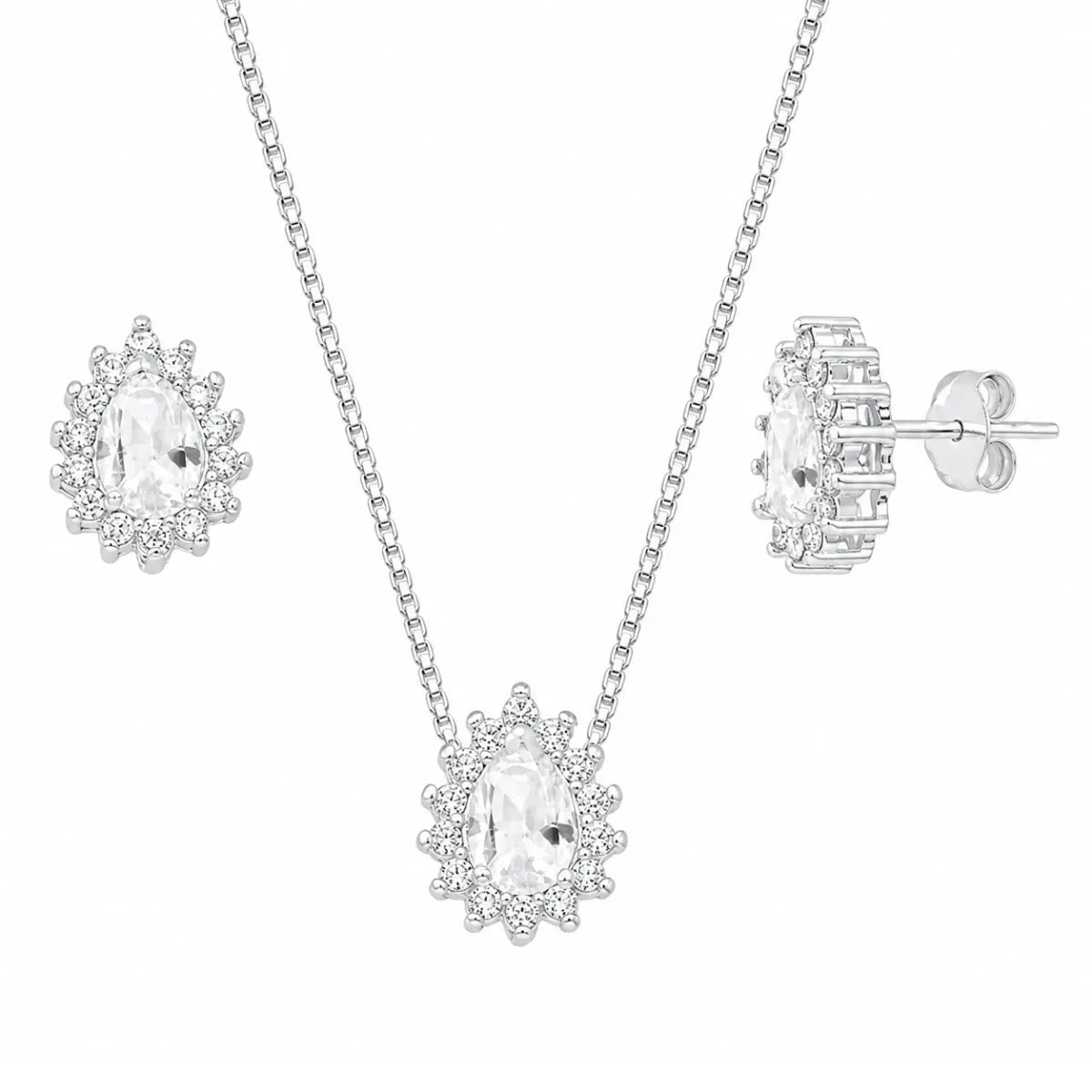 Conjunto Gota Galeria Zircônia Branca Bordas Cristal Prata 925 Legítima