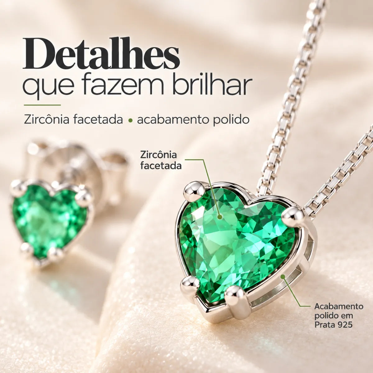 Conjunto Coração Galeria Zircônia Verde Claro Prata 925 Legítima