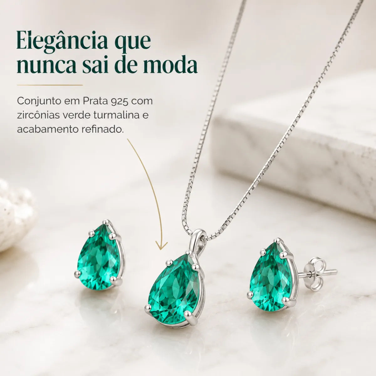 Conjunto Brinco e Colar Gota Galeria Verde Turmalina 925 Legítima