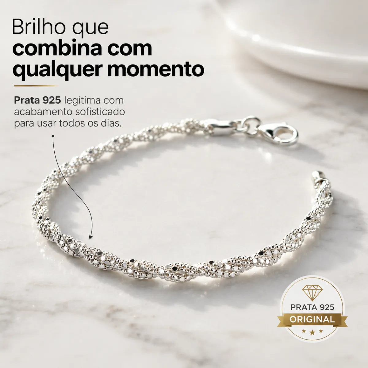 Pulseira Feminina Cordão Pipoca 18cm Prata 925 Legítima