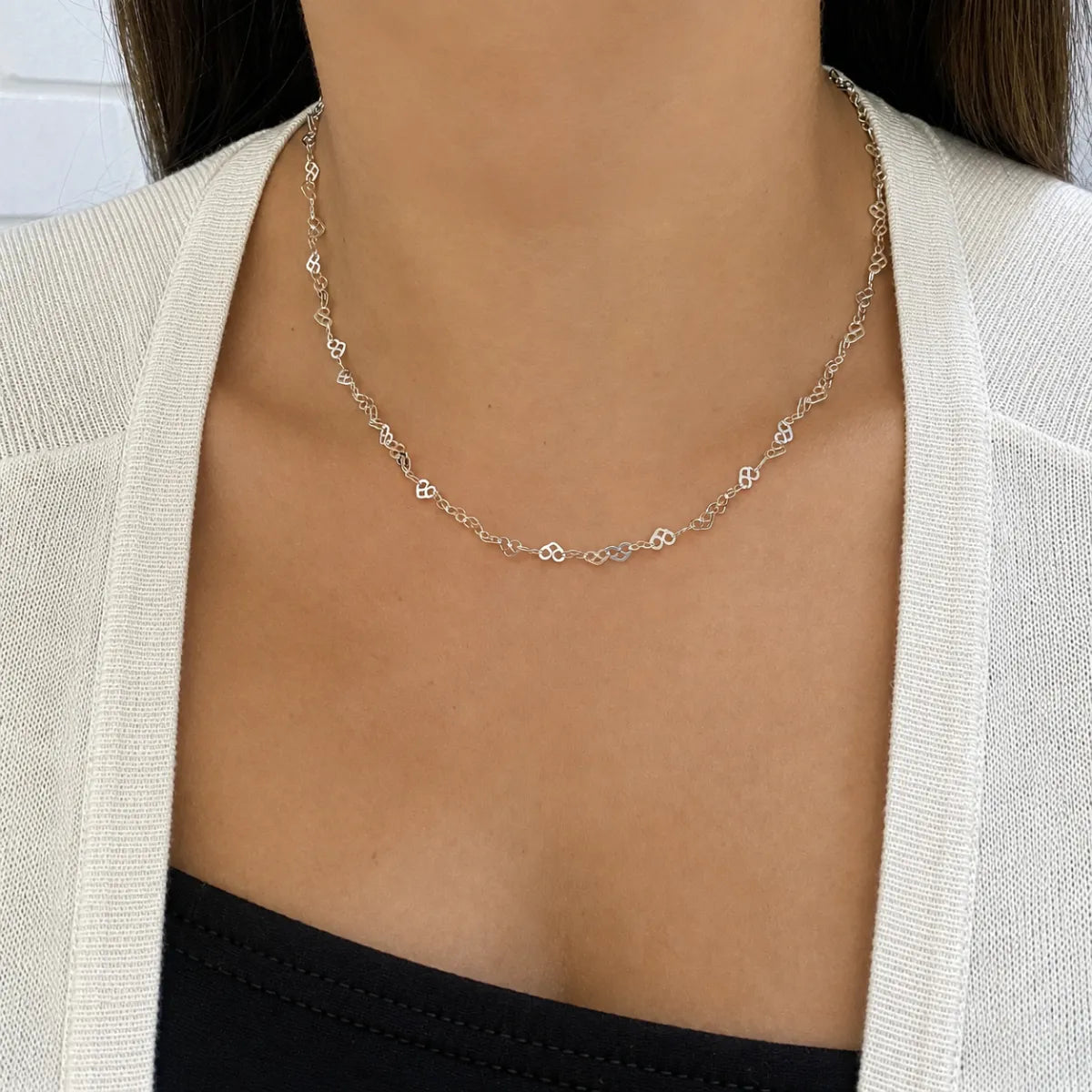 Corrente Feminina Chocker Coração Entrelaçado 40cm Prata 925 Legítima