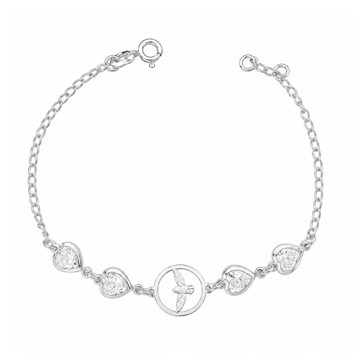 Pulseira Feminina Espírito Santo Coração Zircônia Prata 925 Legítima