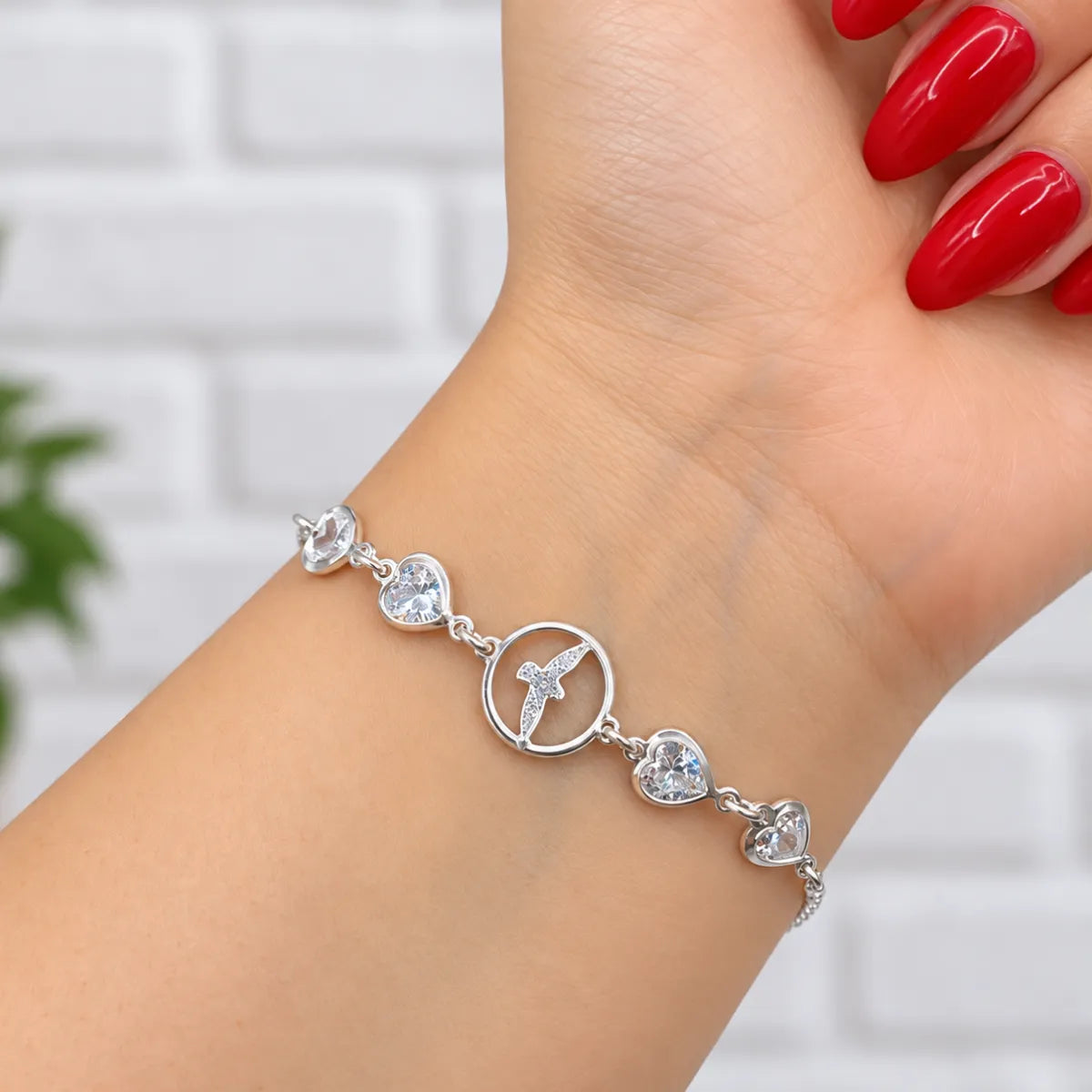 Pulseira Feminina Espírito Santo Coração Zircônia Prata 925 Legítima